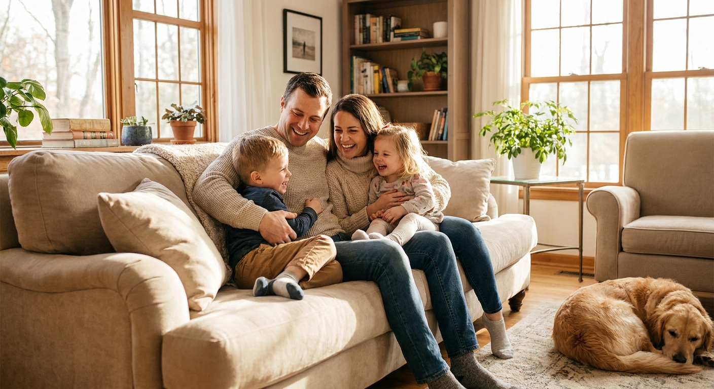 Young family with children protected by comprehensive family health insurance